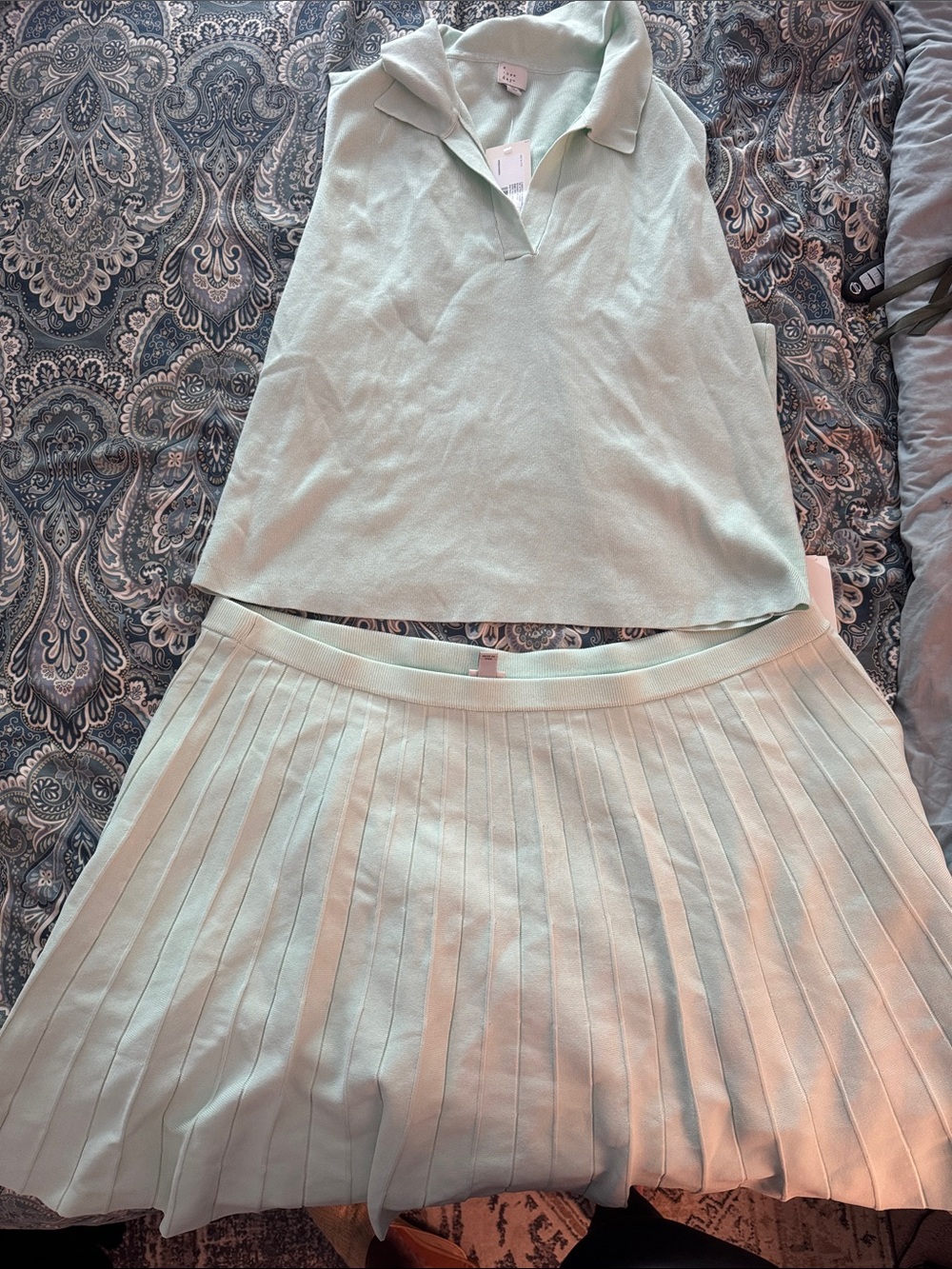 a new day Mint Green Pleated Skirt and Polo Knit Top Set